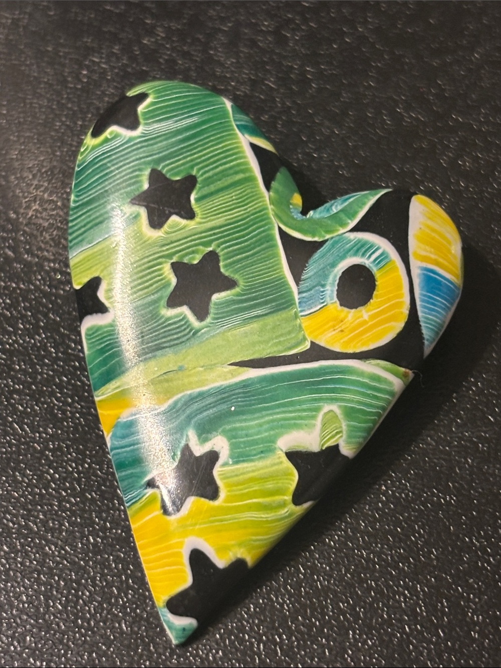 Artisan Green, Yellow, Blue & Black Heart Ceramic Accent Brooch
